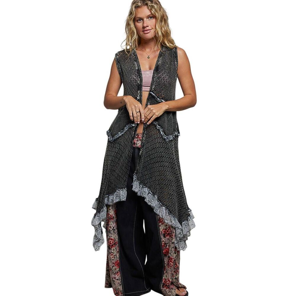 POL Vintage Wash Ruffled Crochet Vest Cardigan sz Large